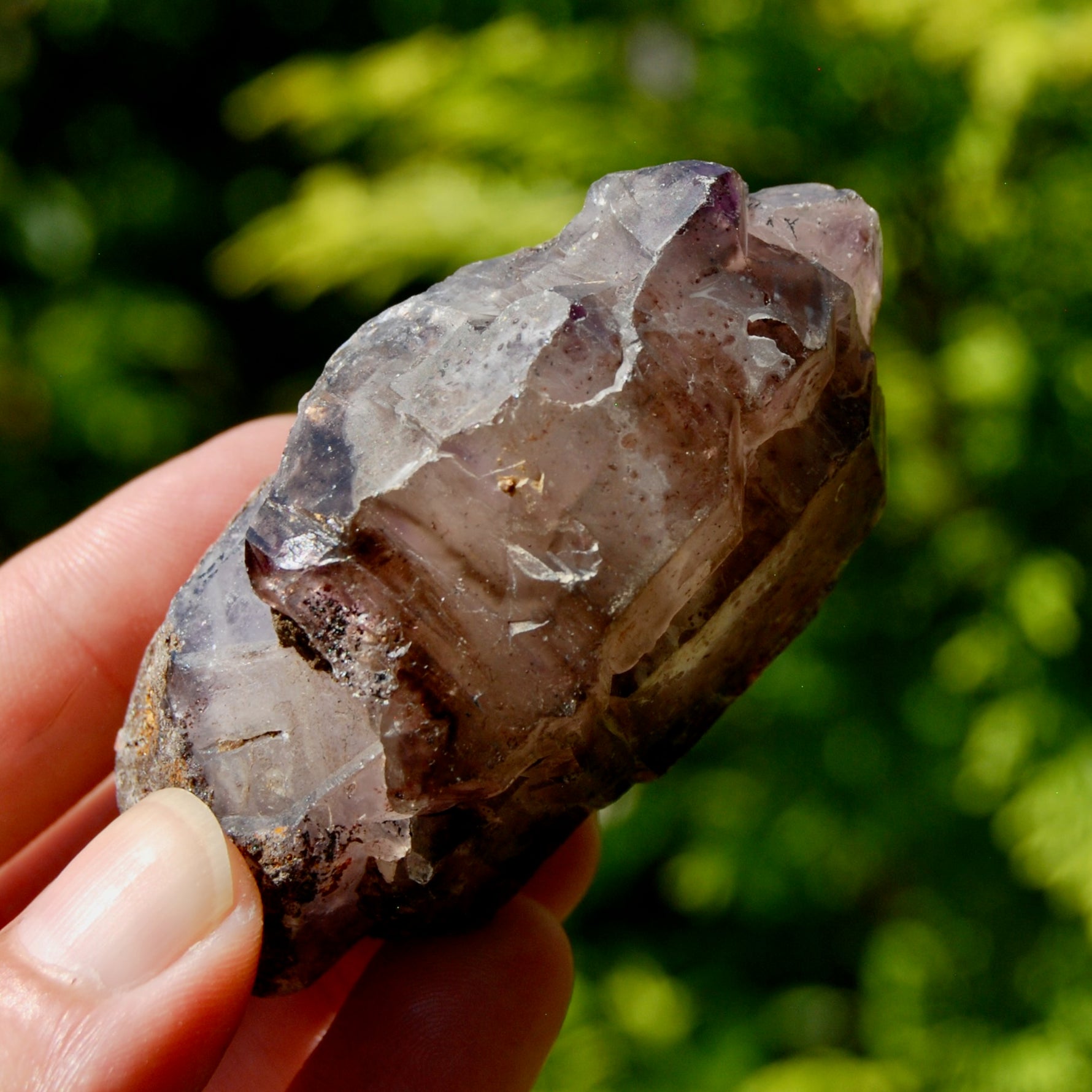 ET Smoky Elestial Amethyst Quartz Crystal, Sparkling Red Specular Hematite