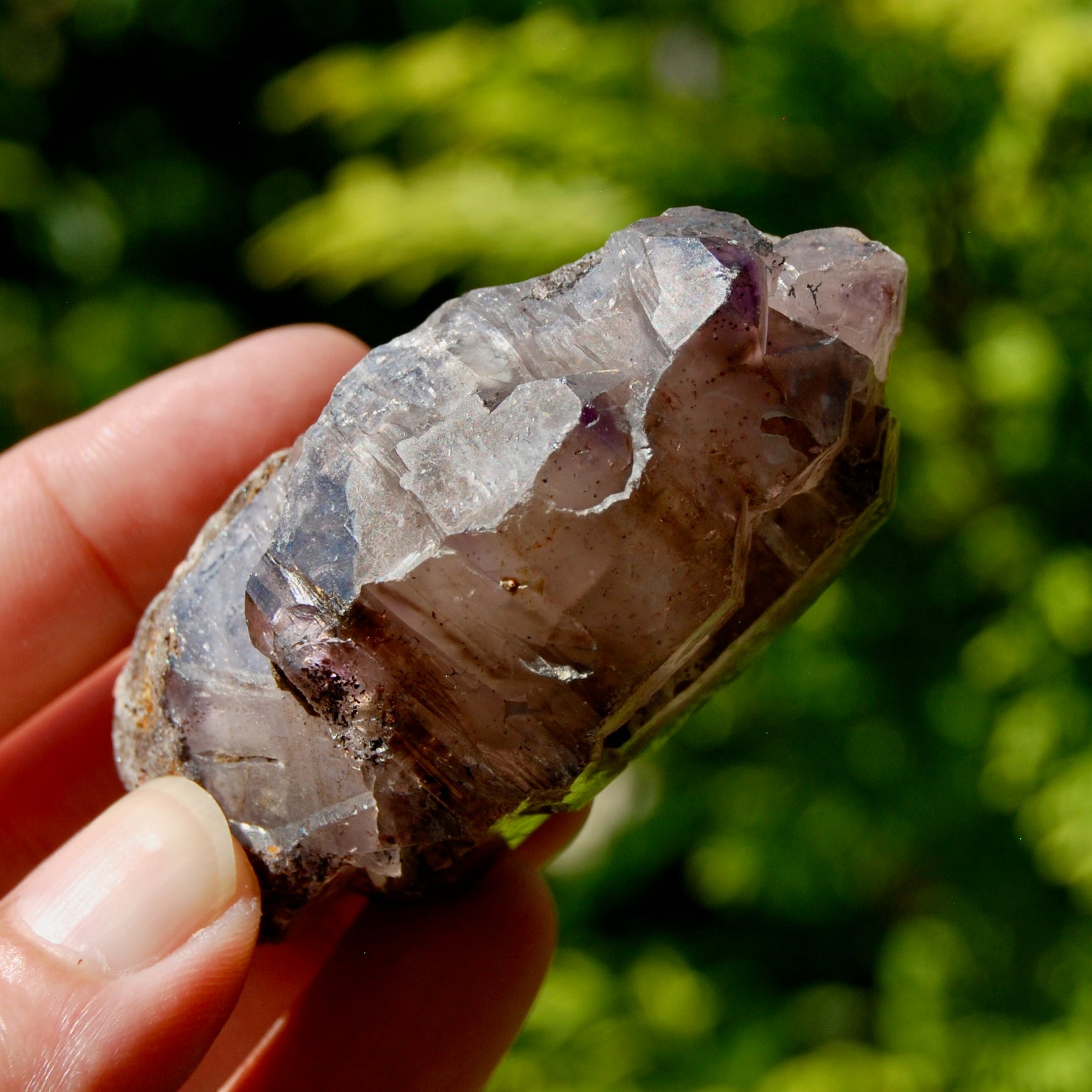 ET Smoky Elestial Amethyst Quartz Crystal, Sparkling Red Specular Hematite
