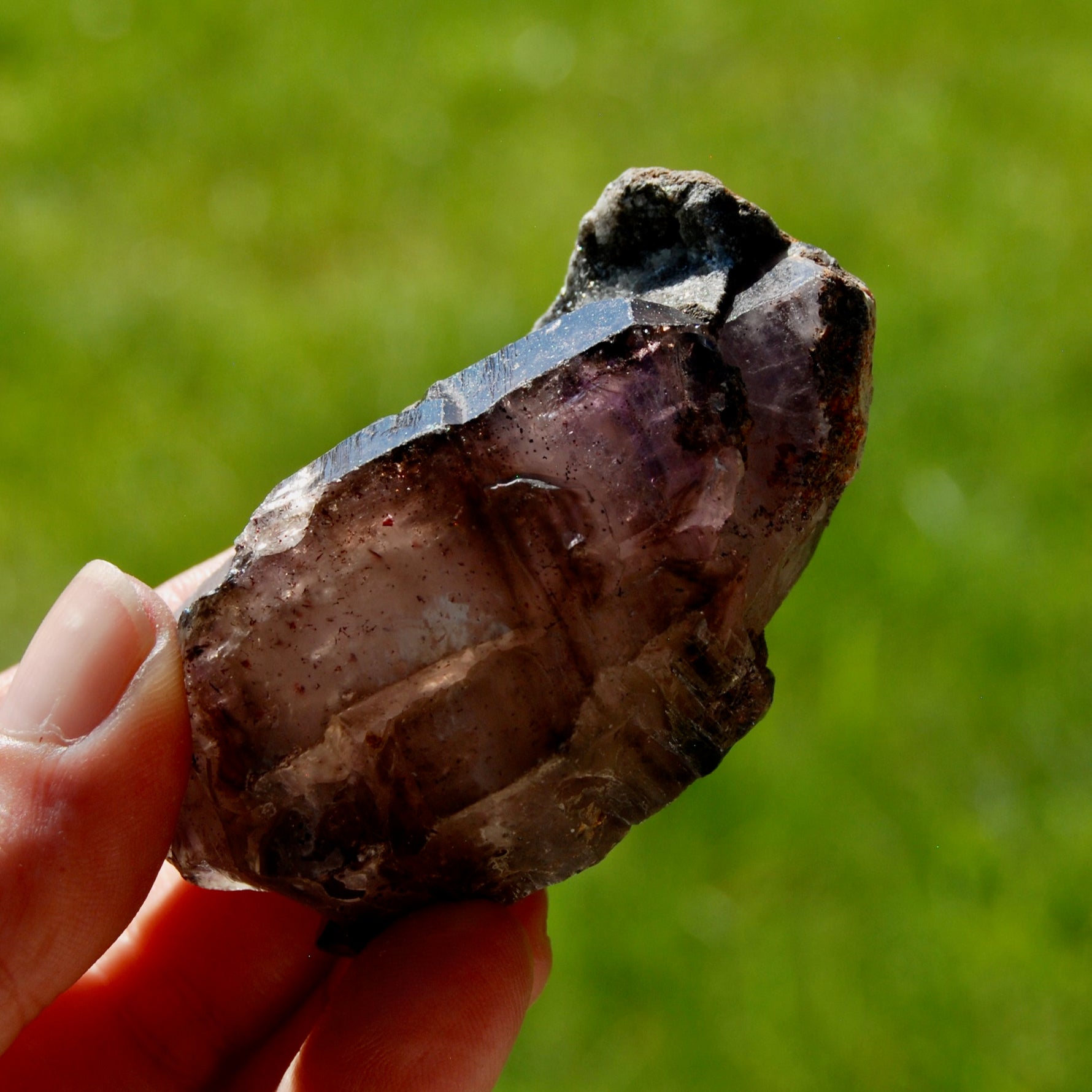 ET Smoky Elestial Amethyst Quartz Crystal, Sparkling Red Specular Hematite