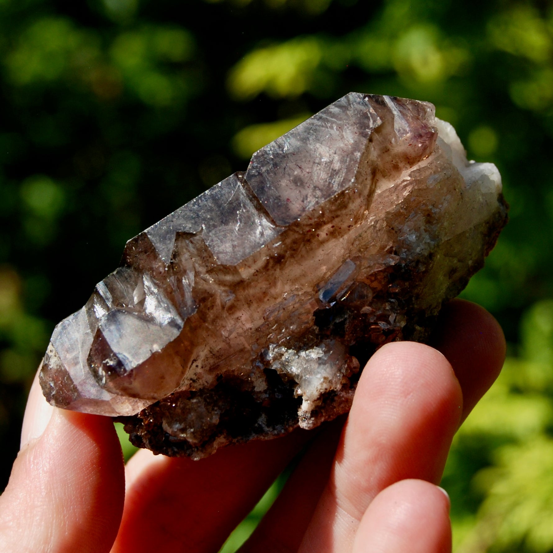 Smoky Phantom Elestial Amethyst Quartz Crystal, Glittering Red Specular Hematite