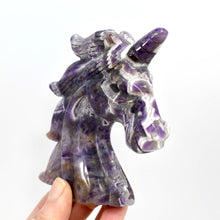 Load image into Gallery viewer, 4.25in Chevron Amethyst Crystal Carved Unicorn Head
