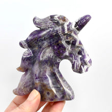 Load image into Gallery viewer, 4.25in Chevron Amethyst Crystal Carved Unicorn Head
