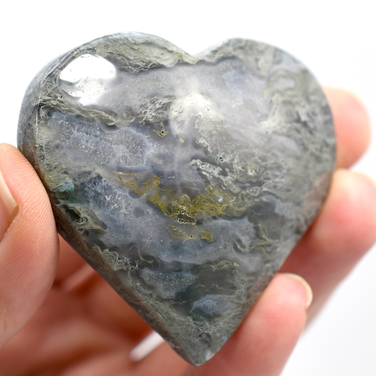 Moss Agate Crystal Heart Palm Stone