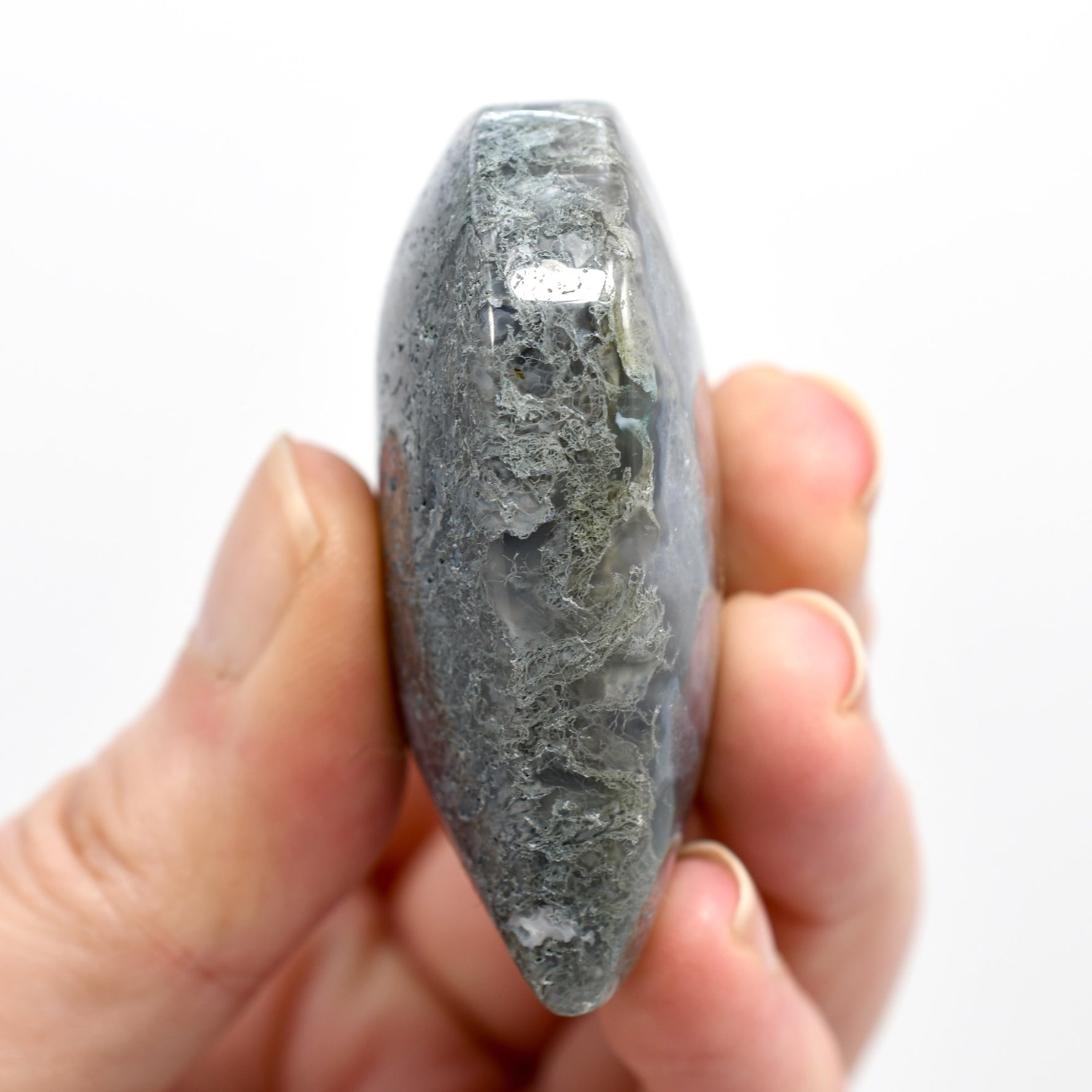 Moss Agate Crystal Heart Palm Stone