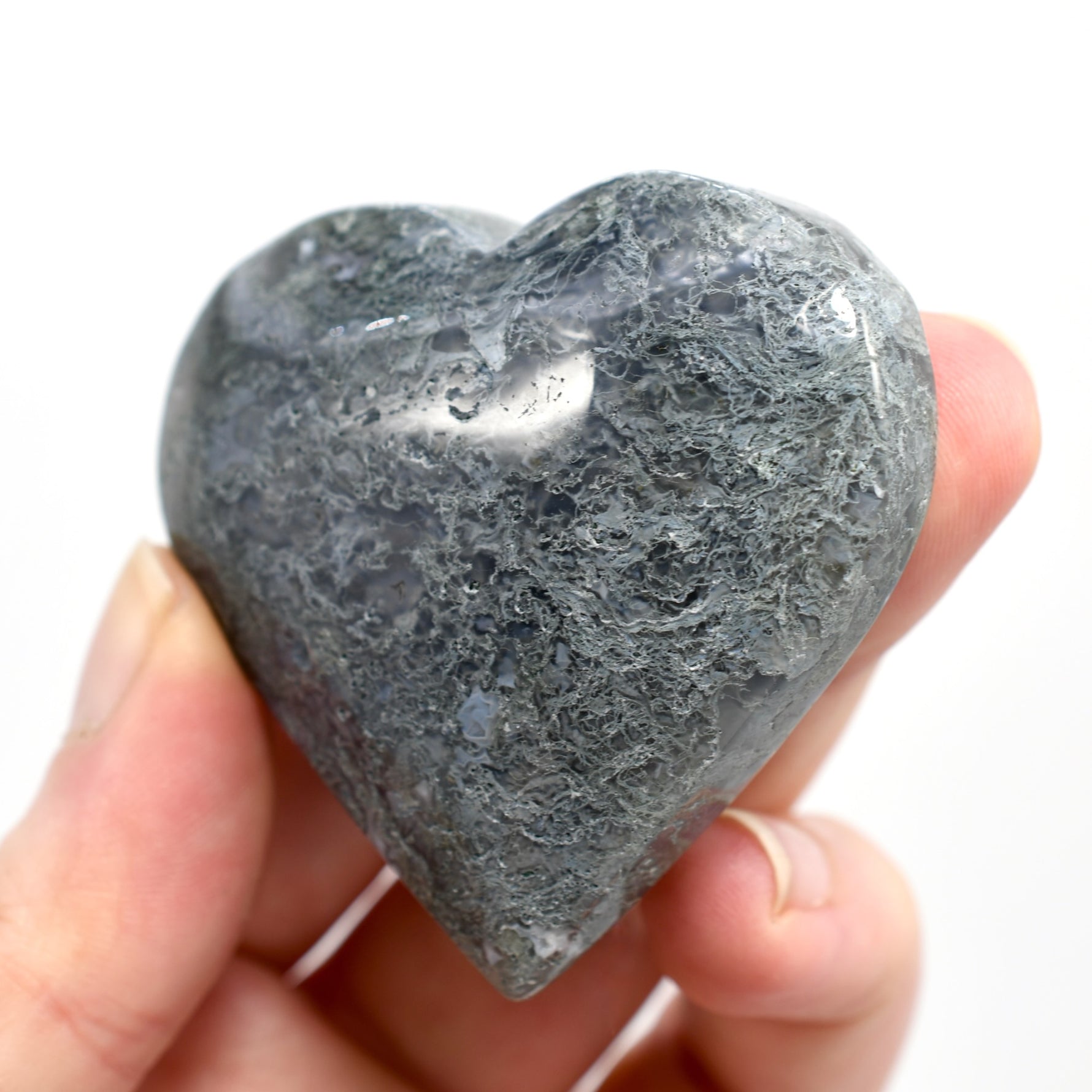 Moss Agate Crystal Heart Palm Stone