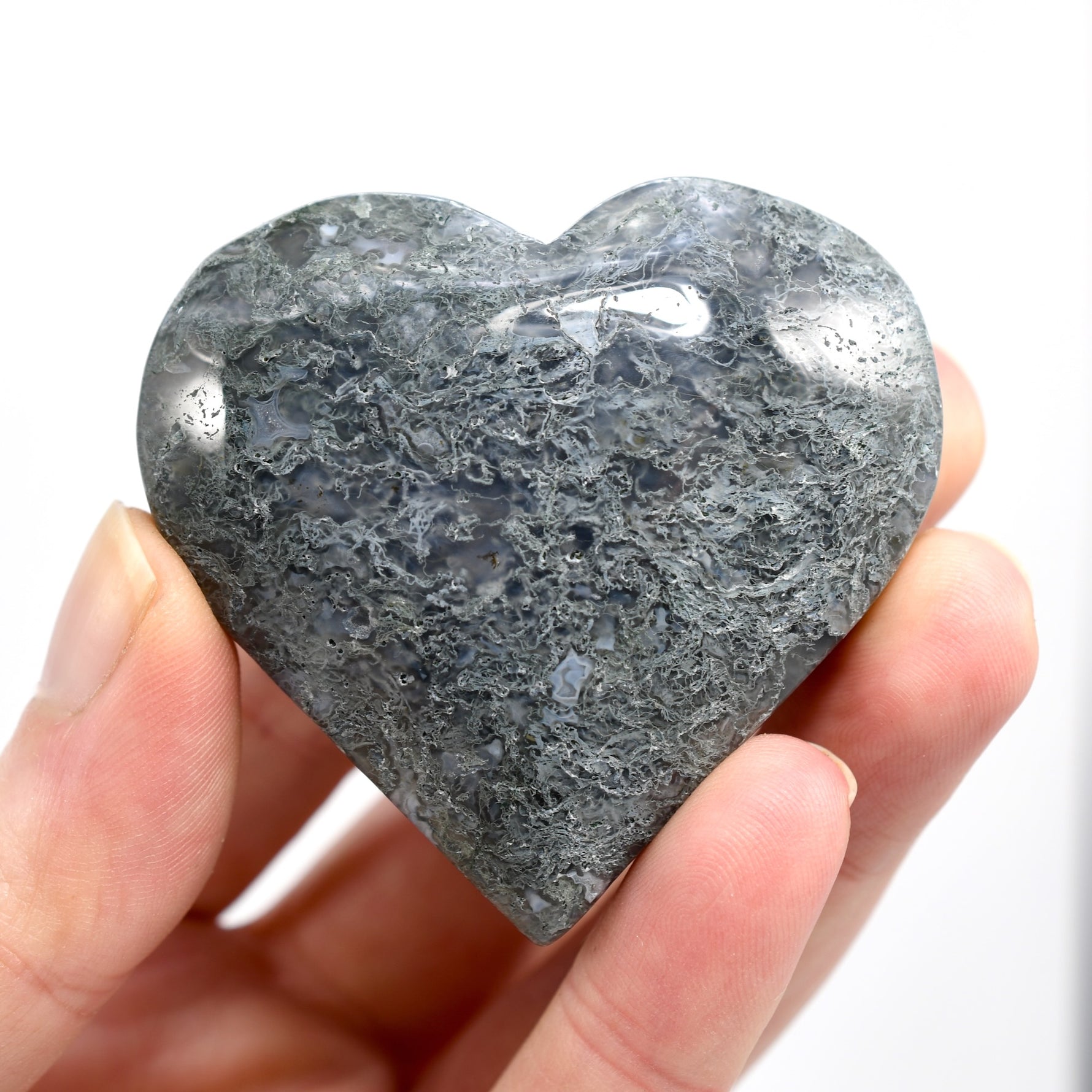 Moss Agate Crystal Heart Palm Stone