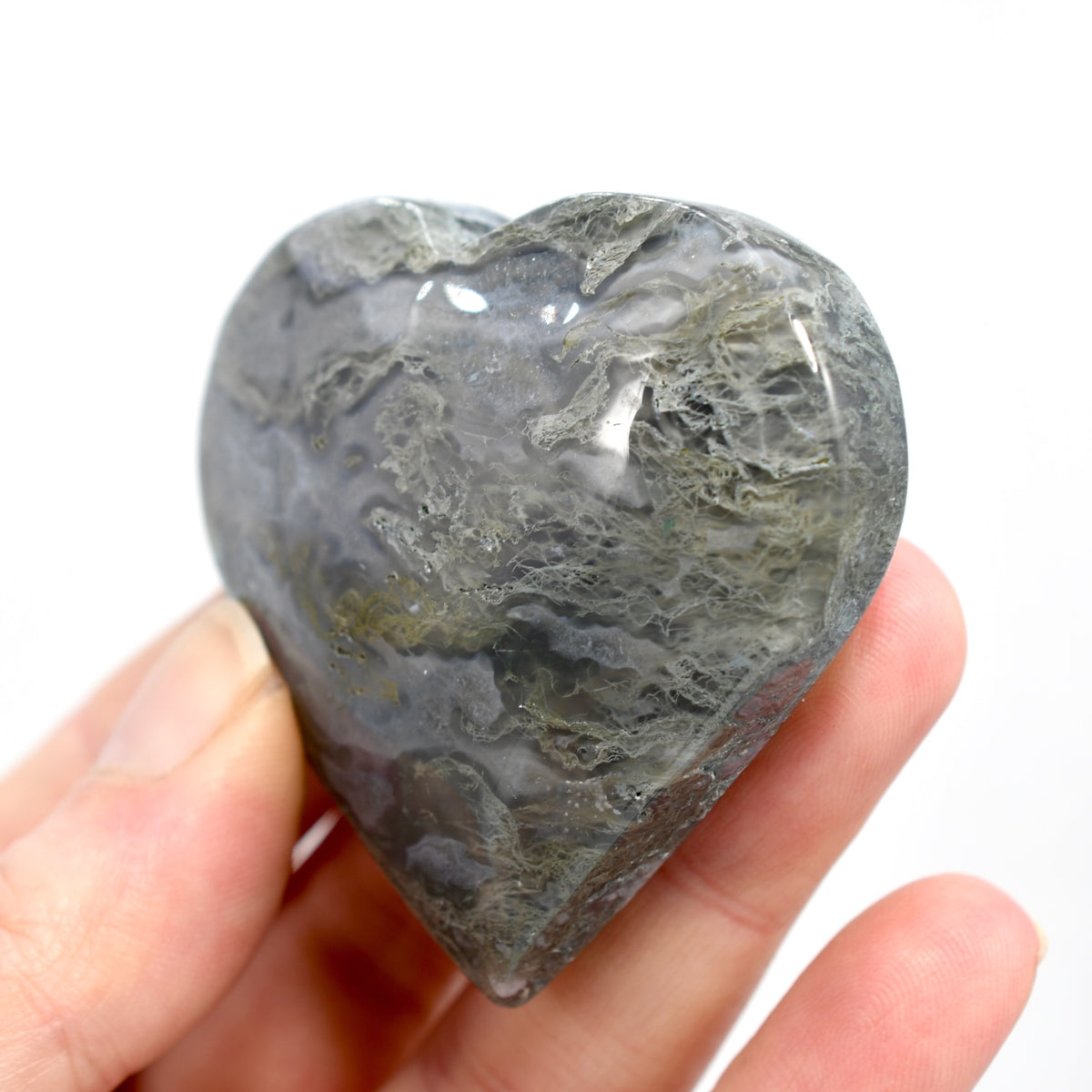 Moss Agate Crystal Heart Palm Stone