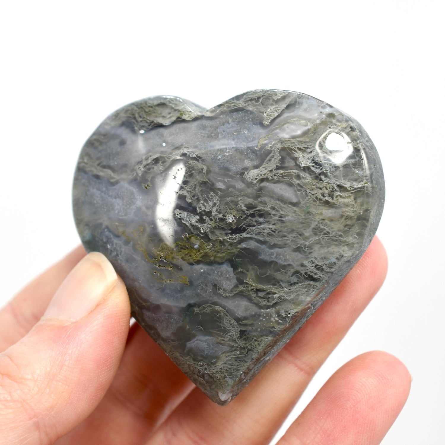 Moss Agate Crystal Heart Palm Stone