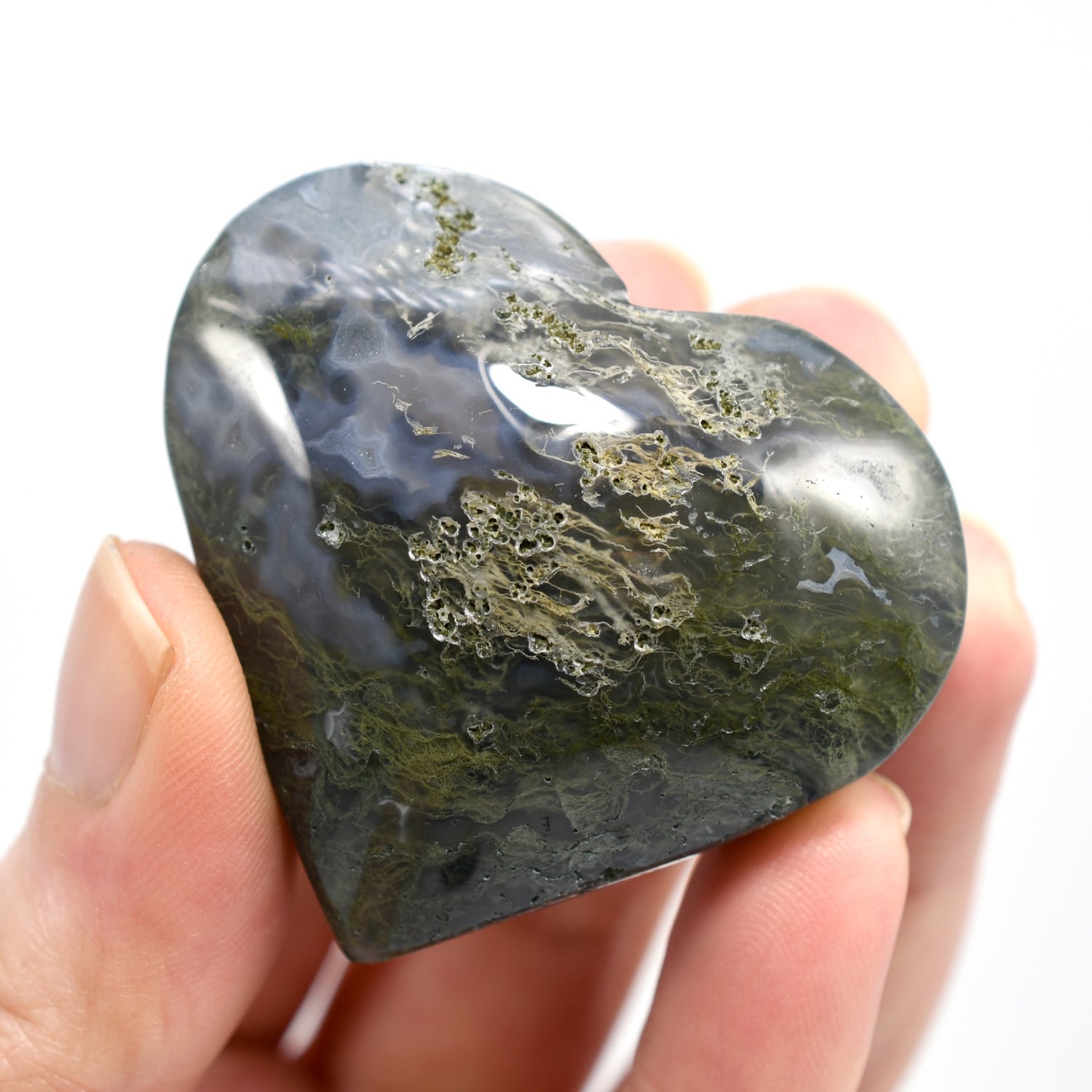 Moss Agate Crystal Heart Palm Stone