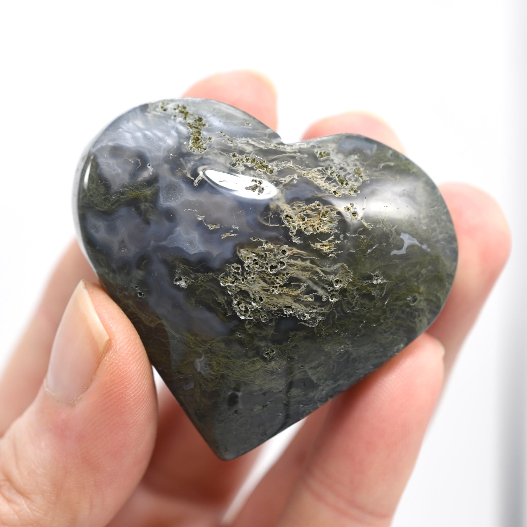 Moss Agate Crystal Heart Palm Stone