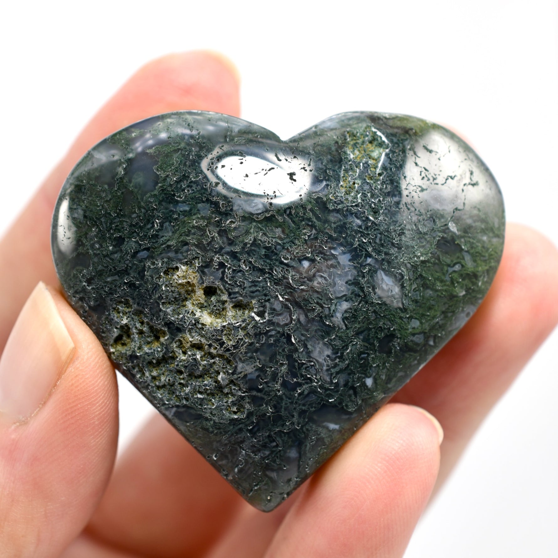 Moss Agate Crystal Heart Palm Stone