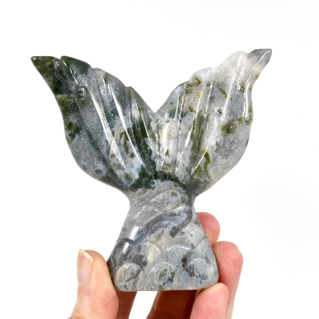 Moss Agate Hand Carved Crystal Mermaid Fish Tail
