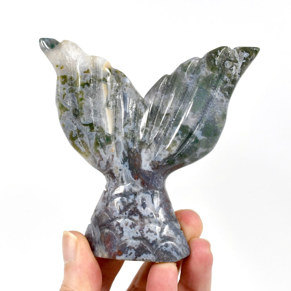Moss Agate Hand Carved Crystal Mermaid Fish Tail