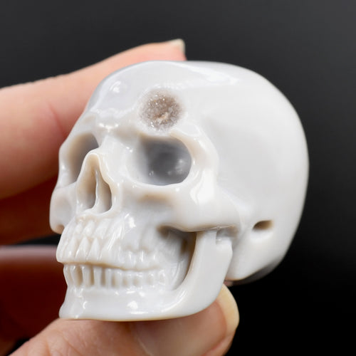 Grey Agate Geode Carved Crystal Skull