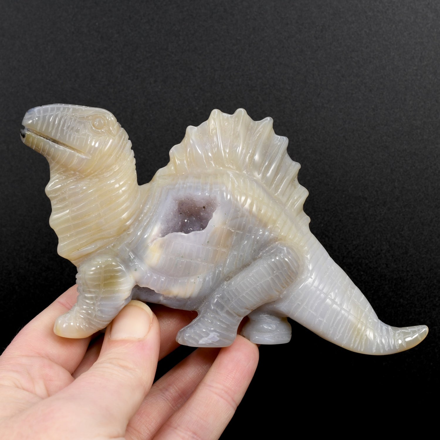 6in Amethyst Geode Agate Carved Crystal Dinosaur