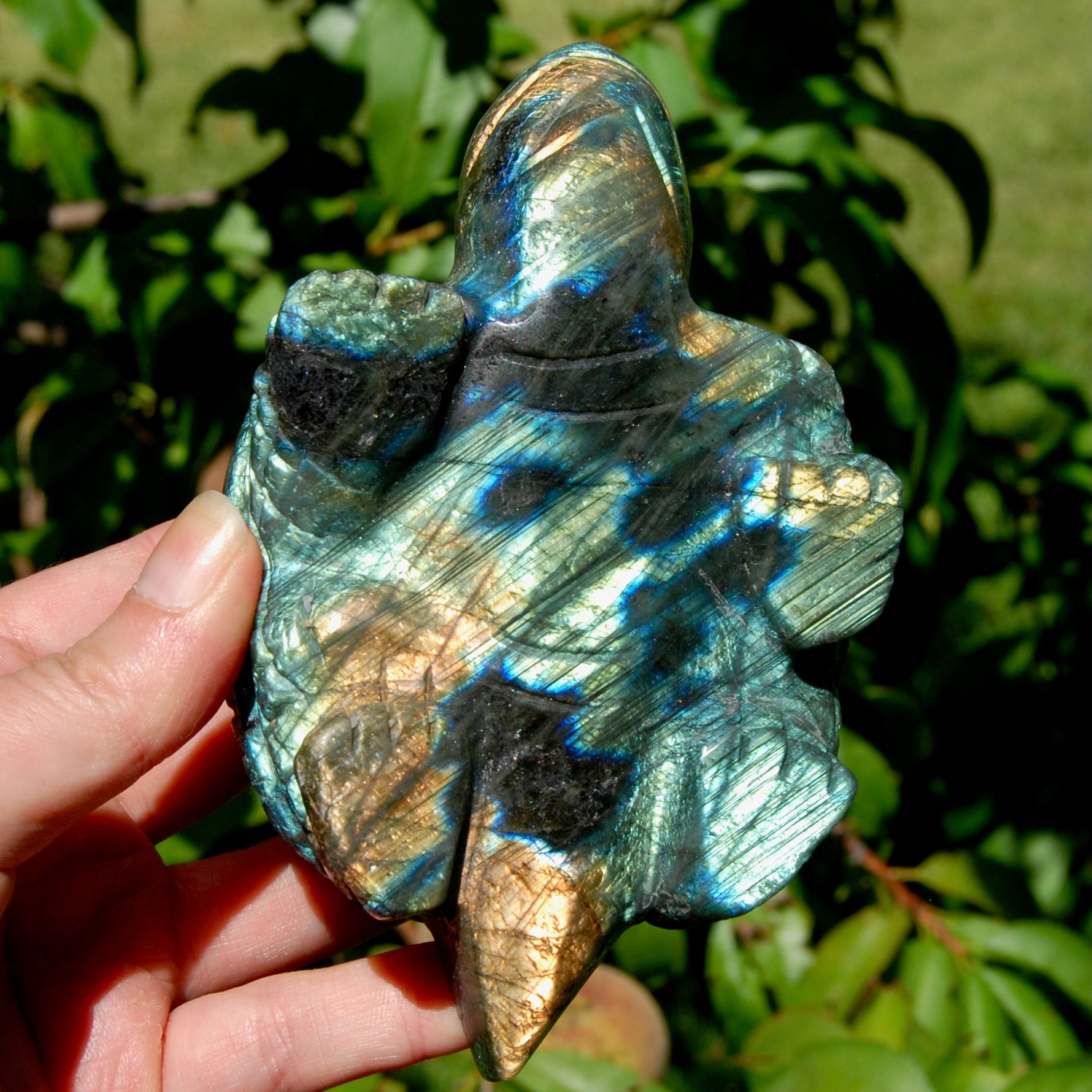 Large flashy Labradorite Crystal Turtle carving, 5.5 inches, 712 grams