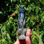 Hand-carved Lapis Lazuli crystal rabbit figurine with deep blue gemstone and golden pyrite flecks