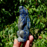 Hand-carved Lapis Lazuli crystal rabbit figurine with deep blue gemstone and golden pyrite flecks