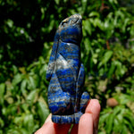 Hand-carved Lapis Lazuli crystal rabbit figurine with deep blue gemstone and golden pyrite flecks
