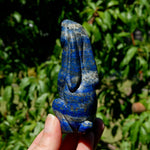 Hand-carved Lapis Lazuli crystal rabbit figurine with deep blue gemstone and golden pyrite flecks