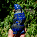 Hand-carved Lapis Lazuli crystal rabbit figurine with deep blue gemstone and golden pyrite flecks