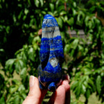 Hand-carved Lapis Lazuli crystal rabbit figurine with deep blue gemstone and golden pyrite flecks