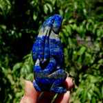 Hand-carved Lapis Lazuli crystal rabbit figurine with deep blue gemstone and golden pyrite flecks