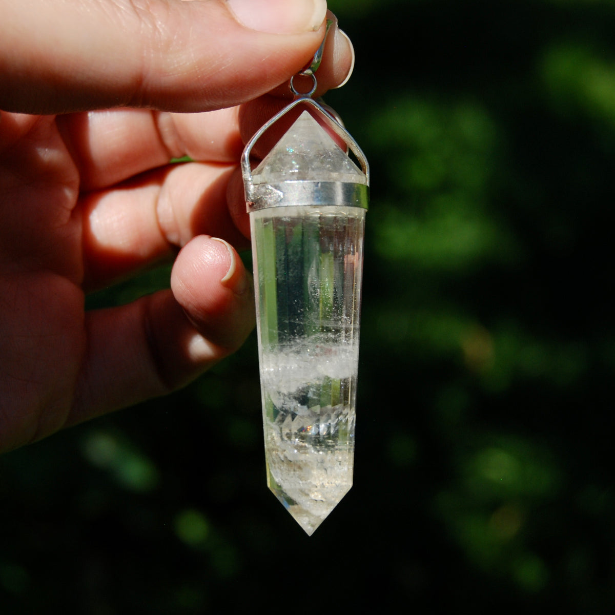 24 Sided Clear Quartz Crystal Vogel Pendant for Necklace, Sterling Silver