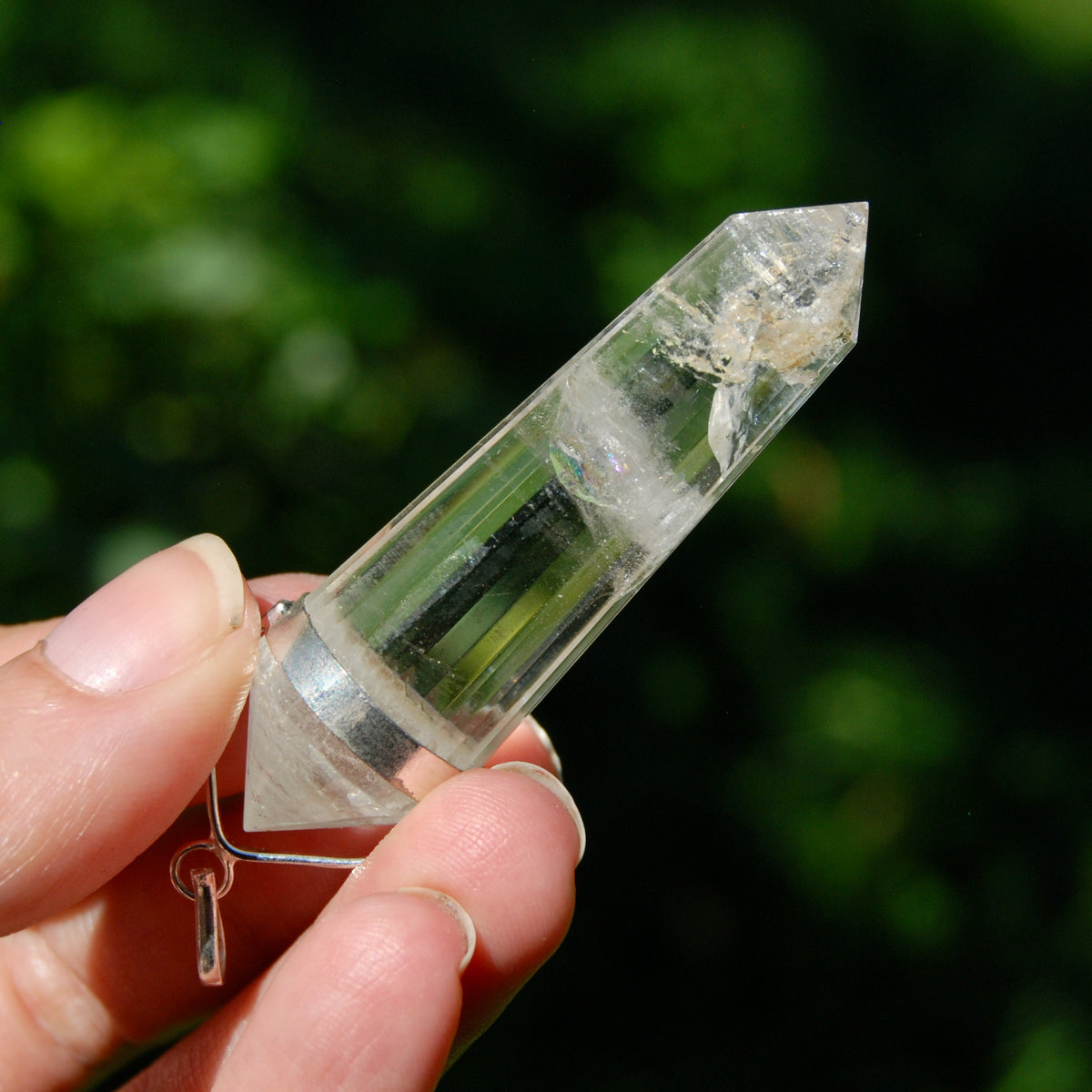 24 Sided Clear Quartz Crystal Vogel Pendant for Necklace, Sterling Silver