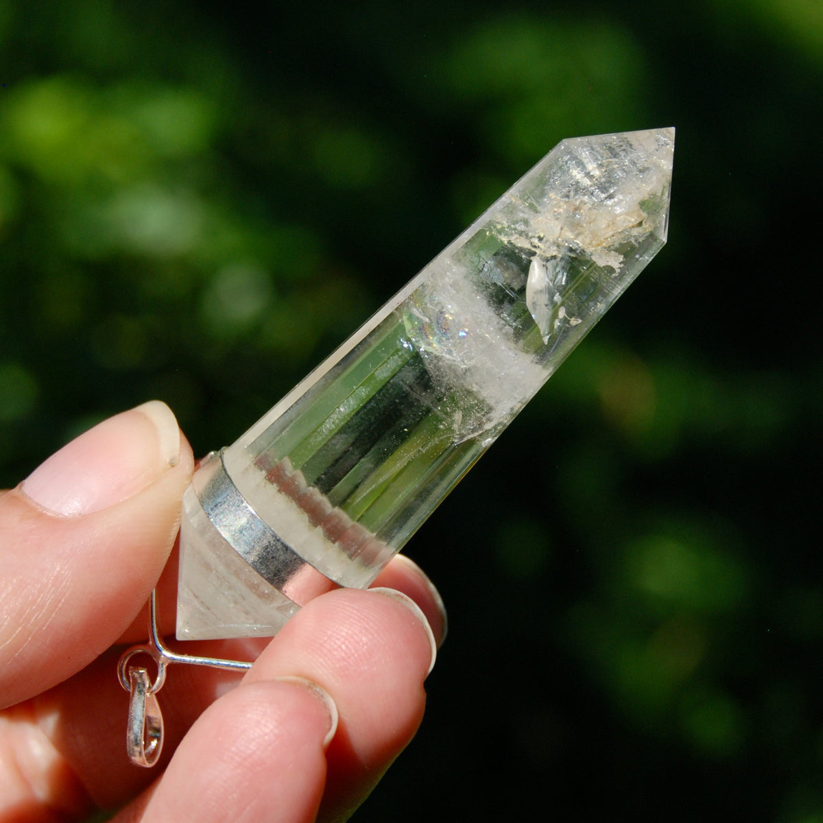 24 Sided Clear Quartz Crystal Vogel Pendant for Necklace, Sterling Silver