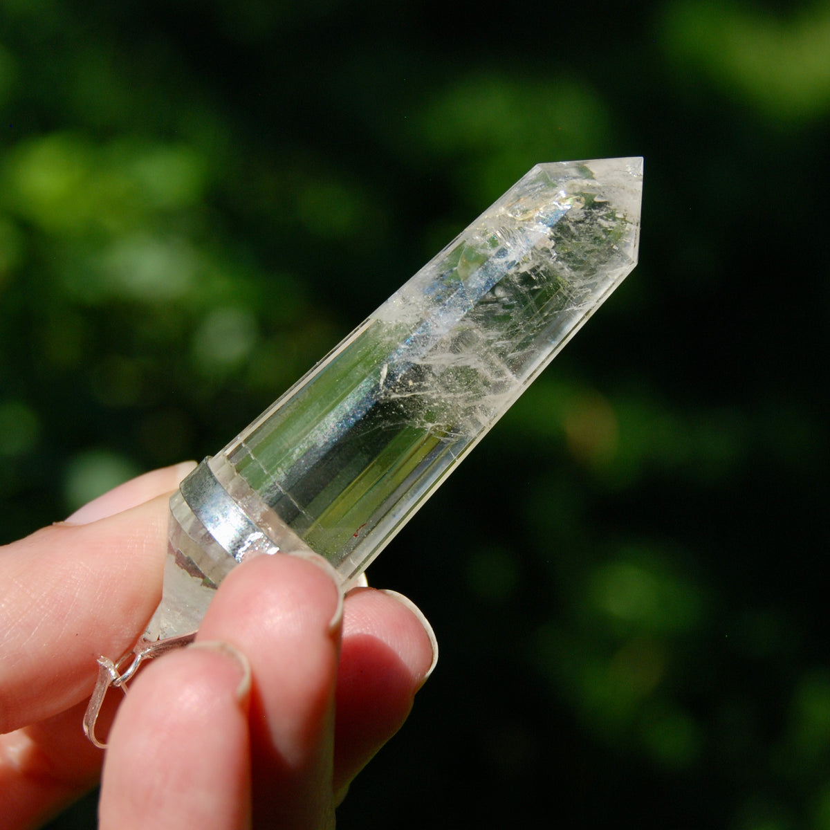 24 Sided Clear Quartz Crystal Vogel Pendant for Necklace, Sterling Silver