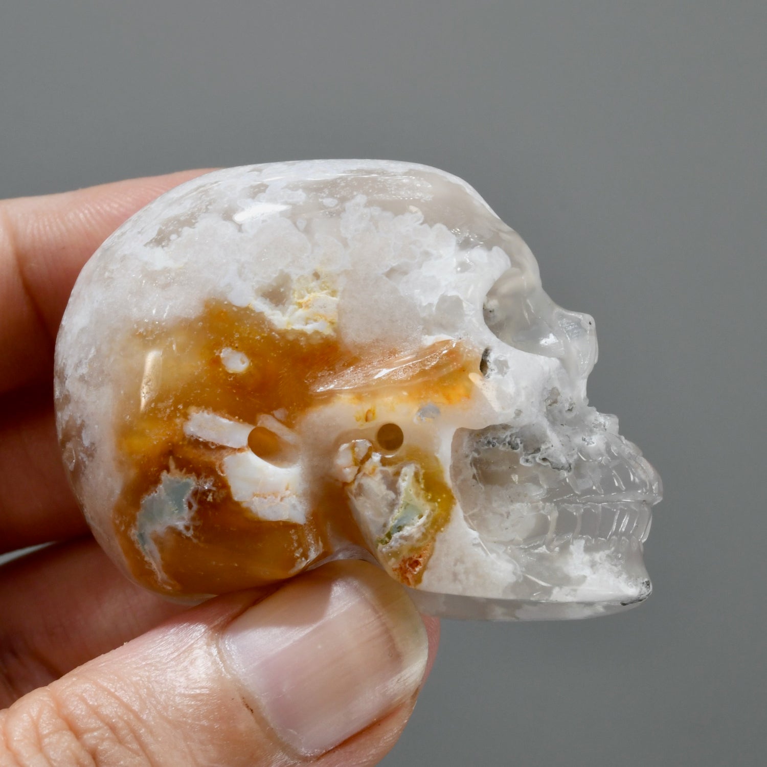 Green Sakura Flower Agate Carved Crystal Skull