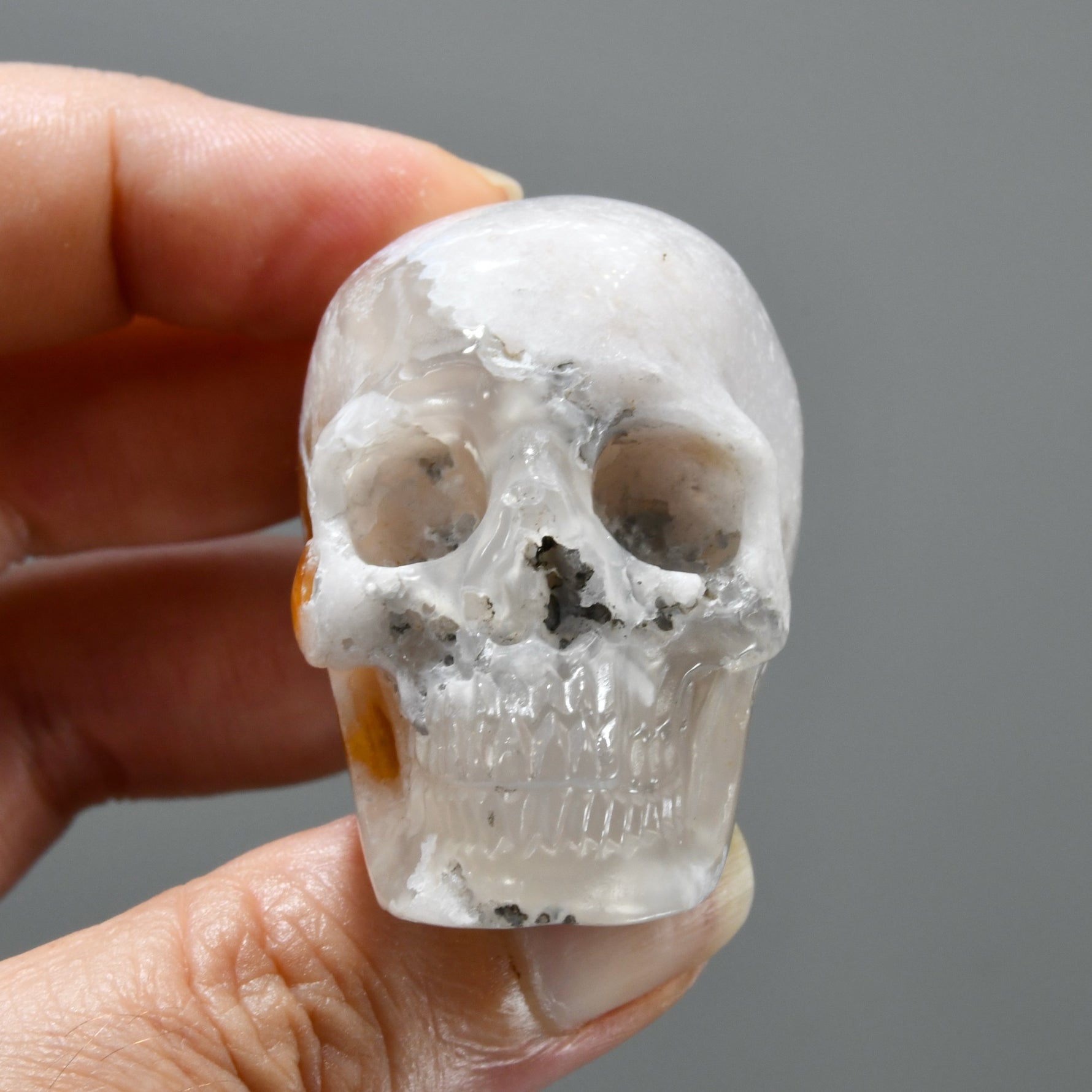 Green Sakura Flower Agate Carved Crystal Skull