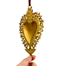 Load image into Gallery viewer, 6.5in Crowned Gratia Sacred Heart Ex Voto Milagro Ornament, Antiqued Gold
