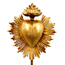 Load image into Gallery viewer, Sacred Heart Ex Voto Locket on Stand, Antiqued Gold Flaming Heart Milagro

