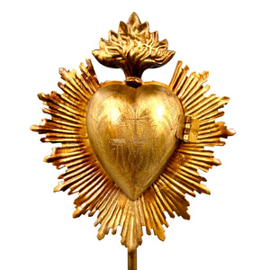 Sacred Heart Ex Voto Locket on Stand, Antiqued Gold Flaming Heart Milagro