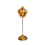 Sacred Heart Ex Voto Locket on Stand, Antiqued Gold Flaming Heart Milagro