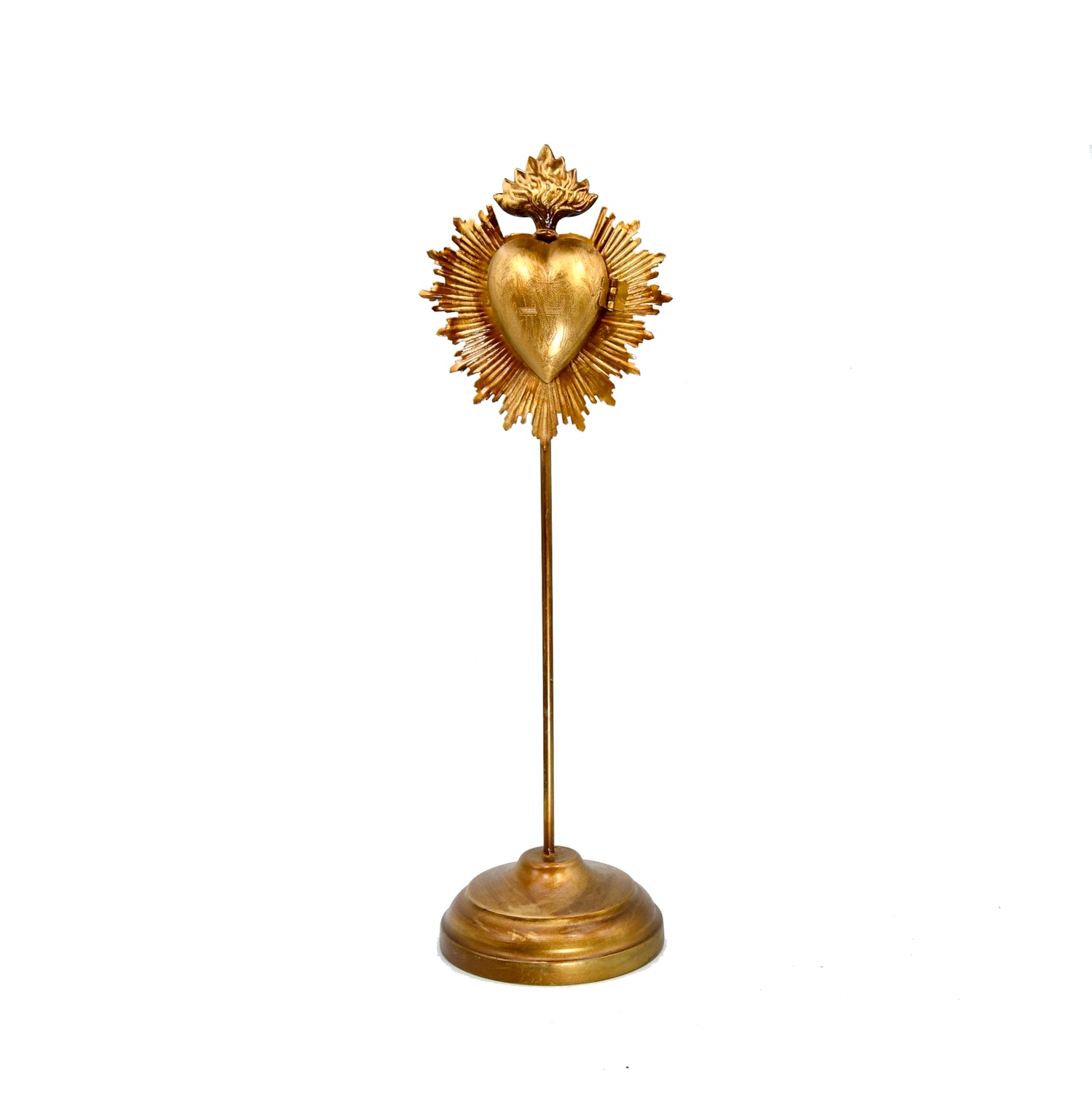 Sacred Heart Ex Voto Locket on Stand, Antiqued Gold Flaming Heart Milagro