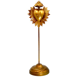 Sacred Heart Ex Voto Locket on Stand, Antiqued Gold Flaming Heart Milagro