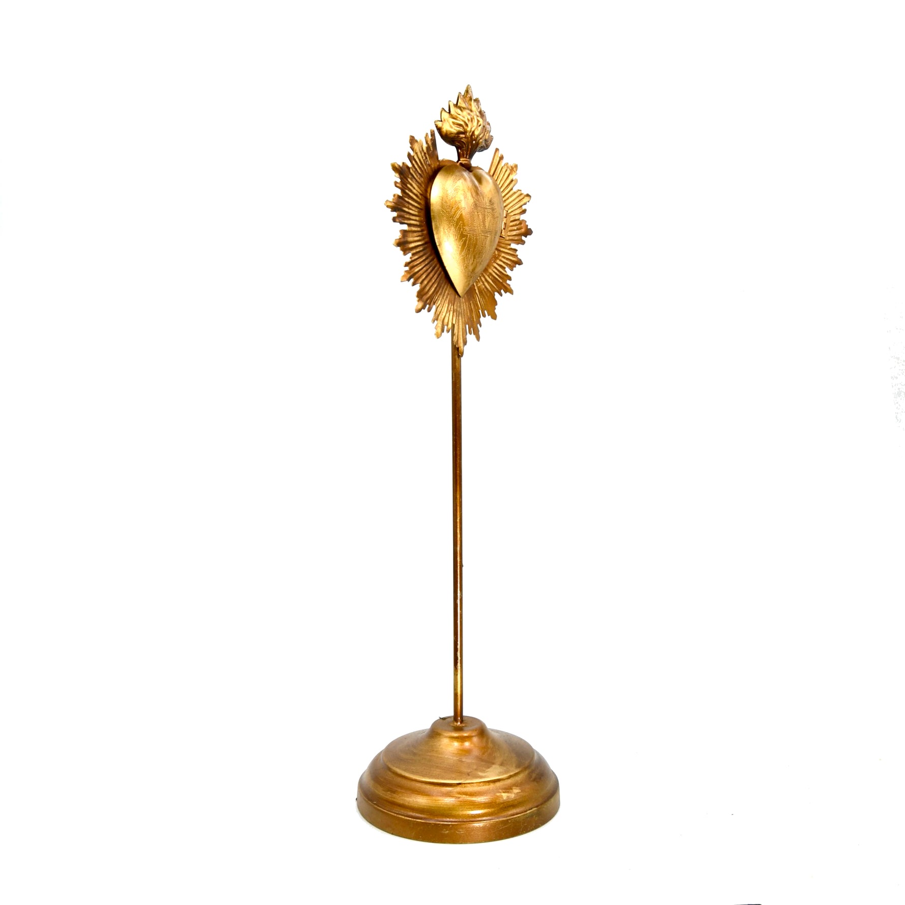 Sacred Heart Ex Voto Locket on Stand, Antiqued Gold Flaming Heart Milagro