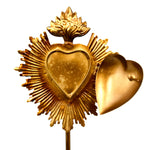 Sacred Heart Ex Voto Locket on Stand, Antiqued Gold Flaming Heart Milagro