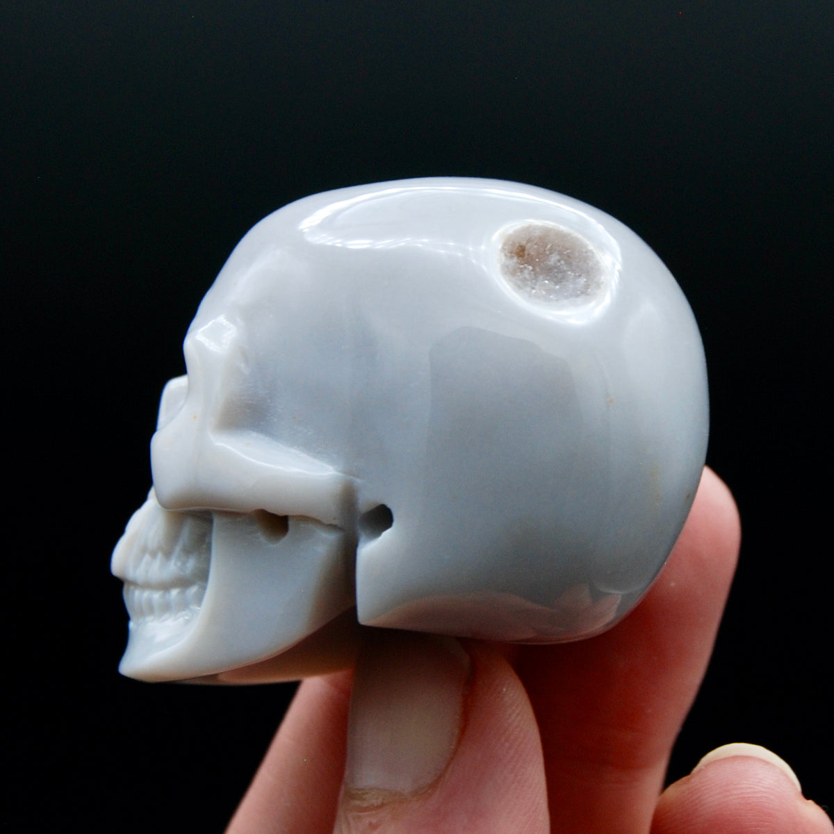 Grey Agate Geode Carved Crystal Skull