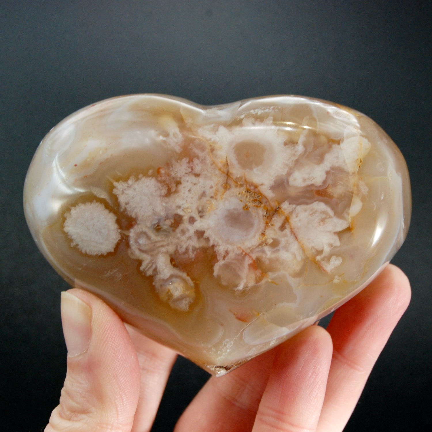 Large Sakura Flower Agate Heart Shaped Palm Stone, Madagascar