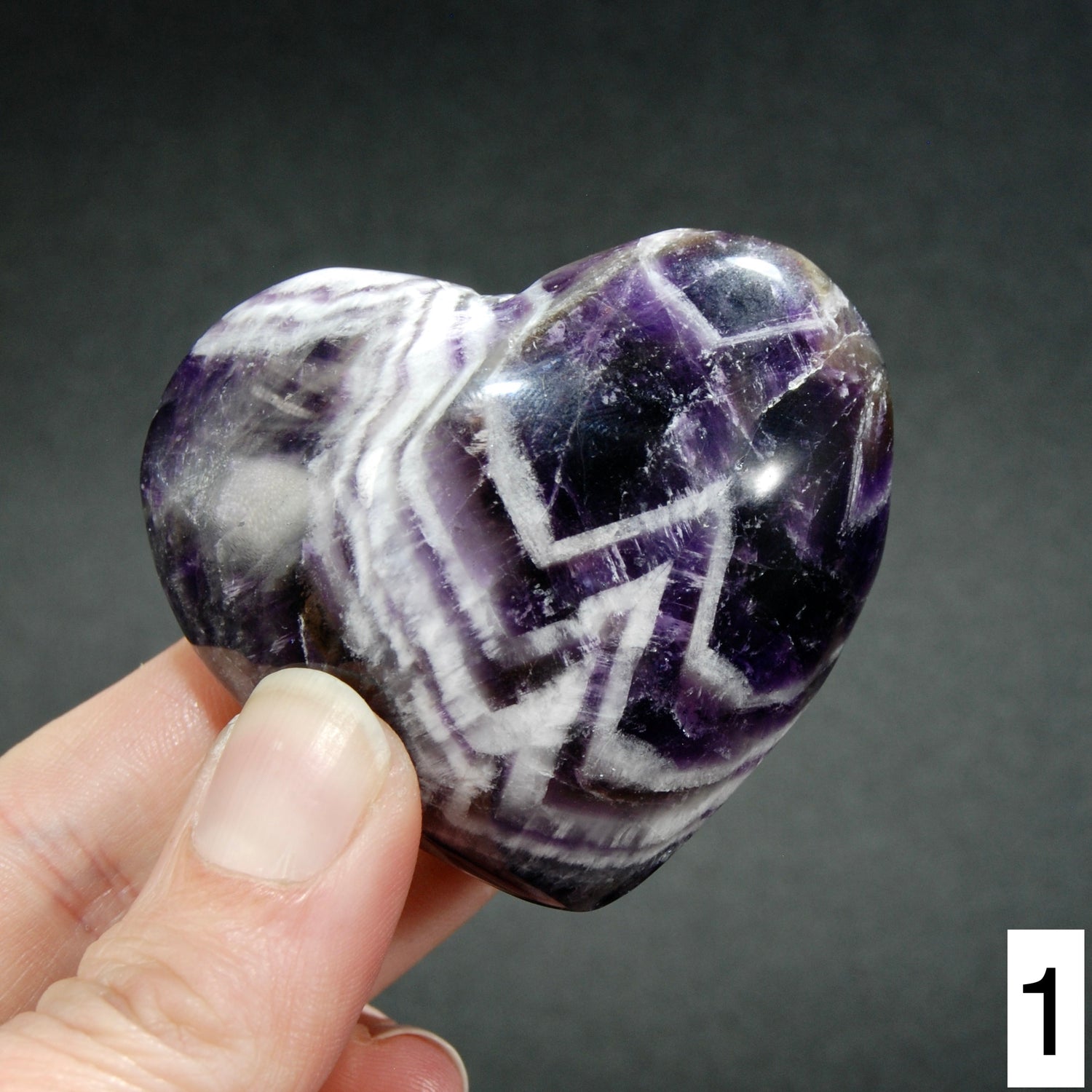 YOU CHOOSE Chevron Amethyst Carved Crystal Heart Shaped Palm Stones, Zambia