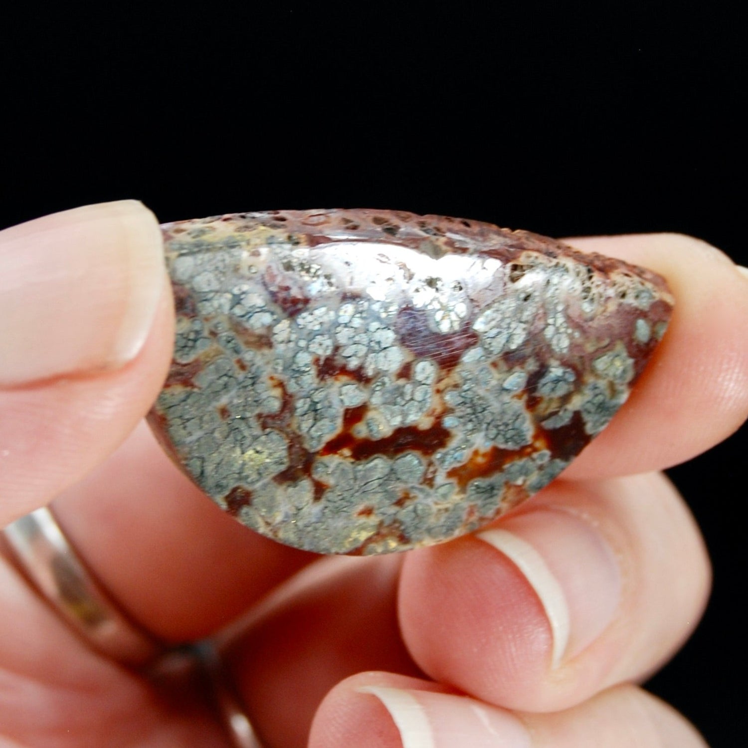 Marcasite Red Agate Matrix Freeform Half Circle Cabochon, Indonesia