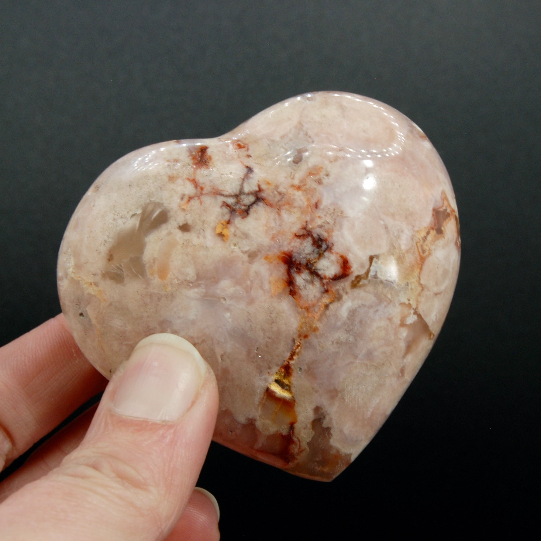 Flower Agate Heart Shaped Palm Stone, Sakura Agate Crystal Heart