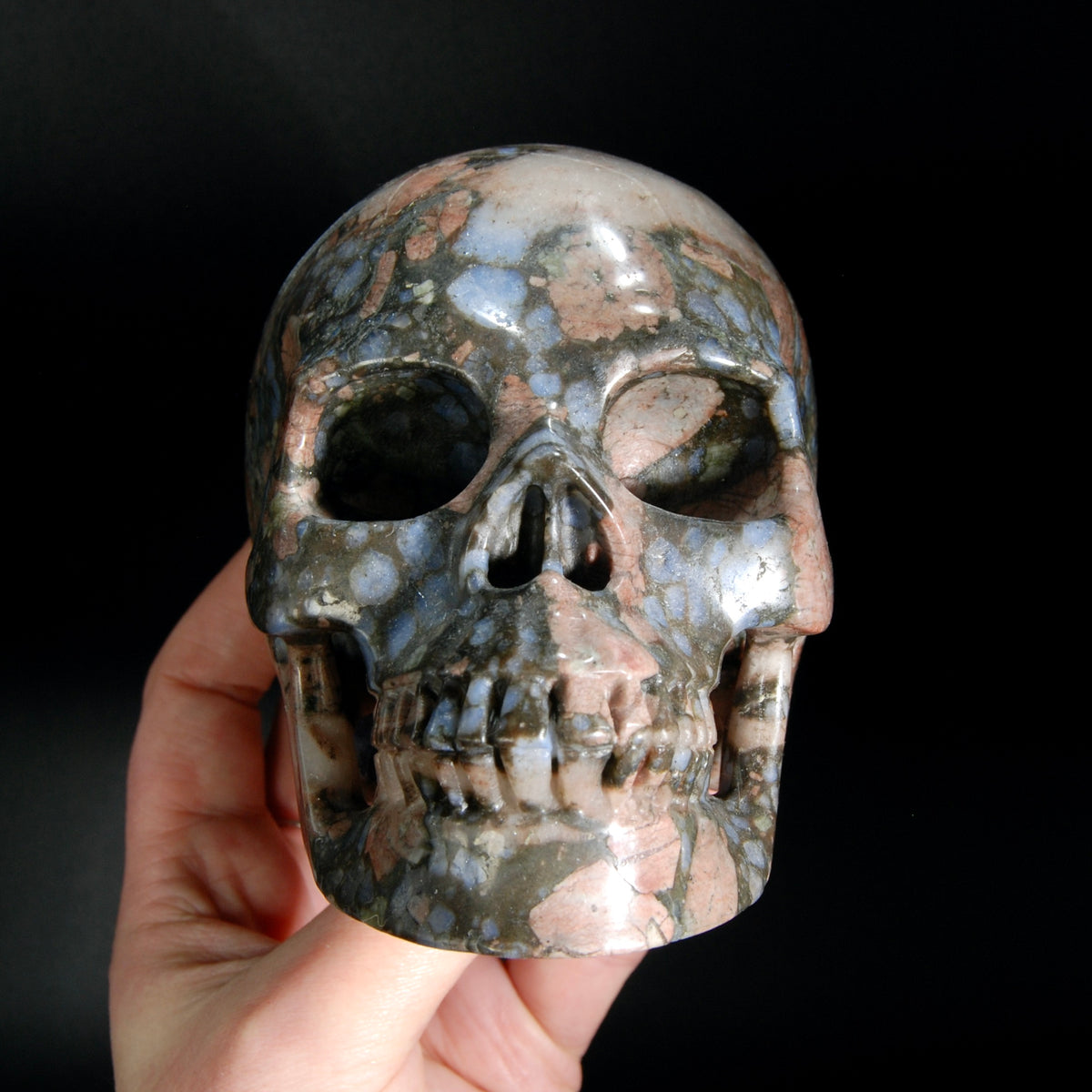 Blue Opal Llanite Carved Crystal Skull, Realistic Que Sera Crystal Skull Carving