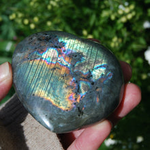 Load image into Gallery viewer, 3in 208g Purple Labradorite Crystal Heart, Flashy Rainbow Spectrolite Palm Stone
