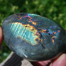 Load image into Gallery viewer, 3in 208g Purple Labradorite Crystal Heart, Flashy Rainbow Spectrolite Palm Stone
