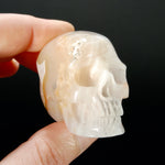 2in Sakura Flower Agate Carved Crystal Skull, Realistic Peach White Flower Agate Skull Carving